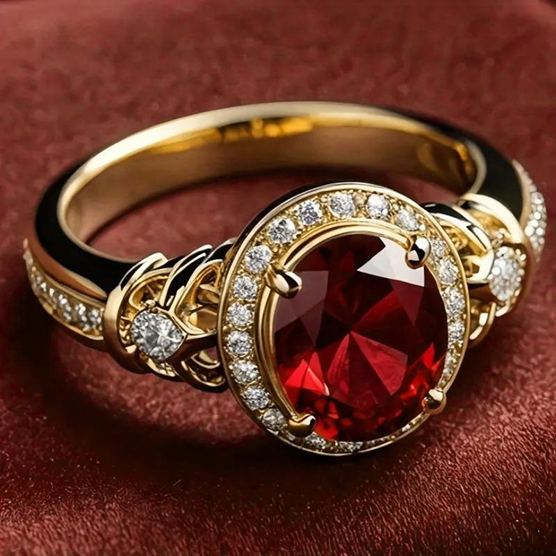 Huitan Anelli Nuziali Ovali Dorati con Zirconia Cubica Rossa per Donne Accessori Eleganti Temperamento Gioielli per Feste di Anniversario