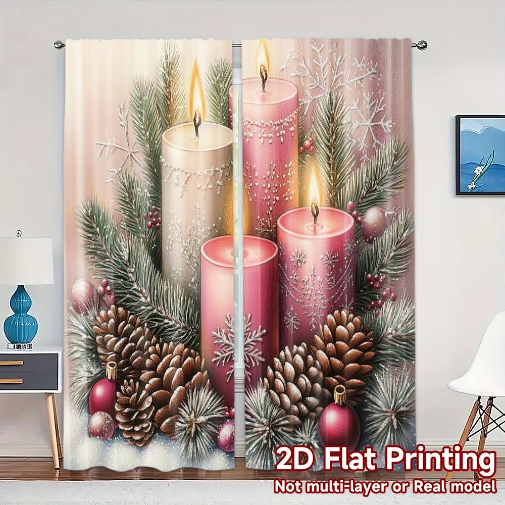 

2pcs Curtains Christmas candles pine cones ornaments (4) Chic Curtain Chic Polyester Easy Install Curtains Home Decor Decorative 100*130 HOOK 1pcs