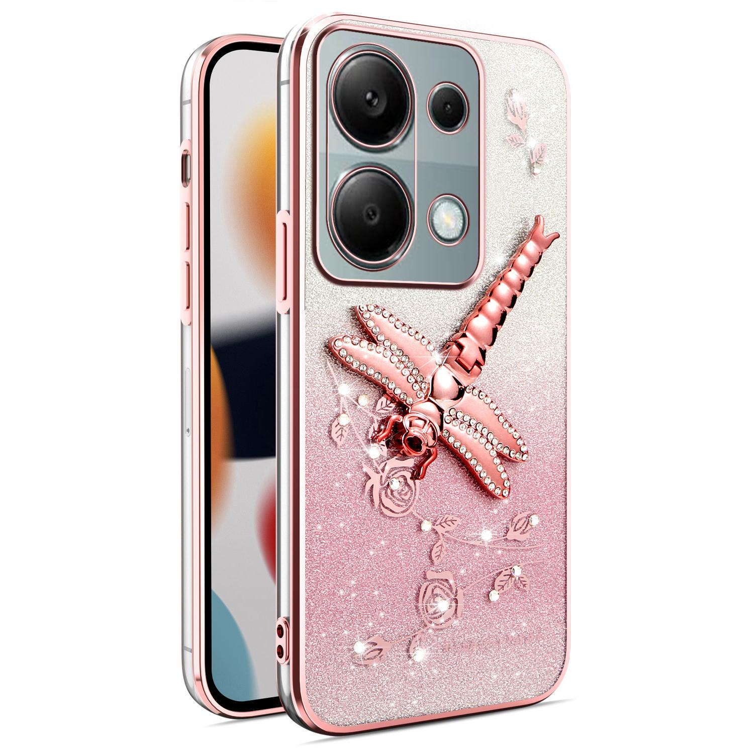 

KADEM Phone Case For Xiaomi Redmi Note 13 Pro 4G/Note 14S 4G/Poco M6 Pro 4G,Dragonfly Kickstand TPU Flowers Glitter Cover Pink