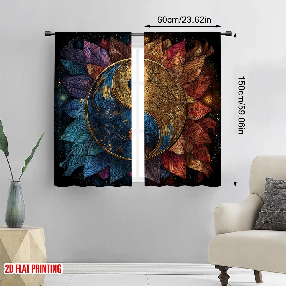 2pcs 2D Flat Printing Scene Curtain Yin Yang Feathers Cosmic Digital Printed Polyester Drapes Holiday Decorations for Holiday