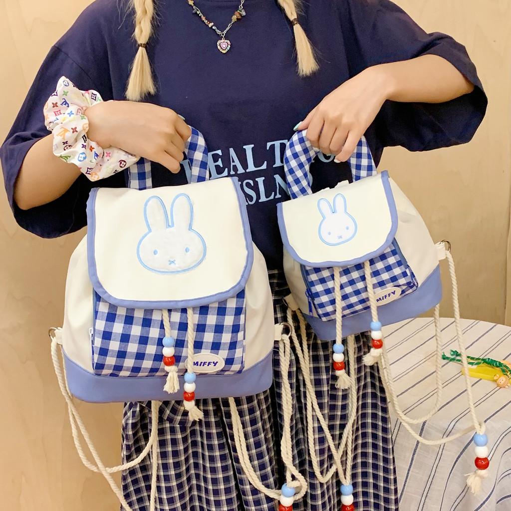 Cartoon Bunny Checkered Pattern Girl Mini Backpack With Nylon Material For Casual Day Use