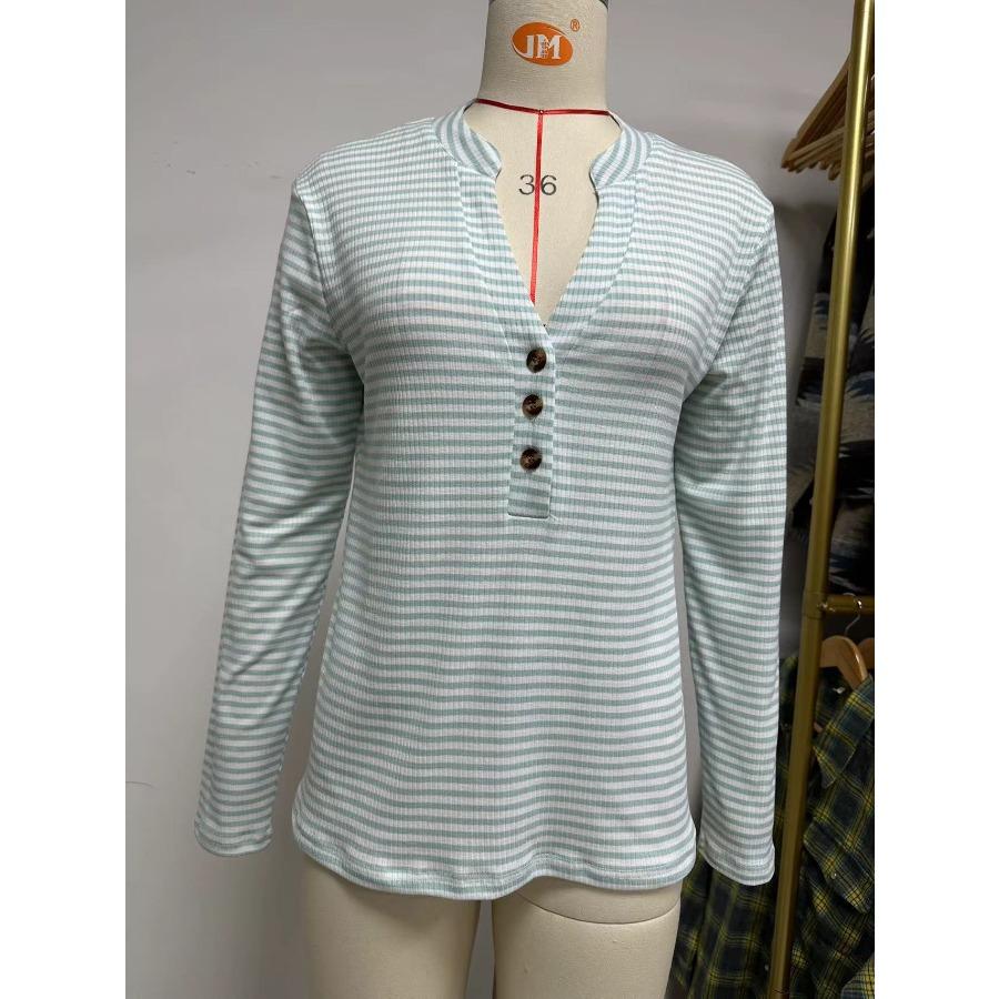 Autumn Winter Top for Women V-neck Button Striped Loose Long Sleeve T-shirt
