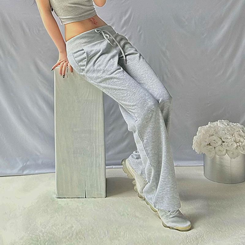 Gray Drawstring Waist Casual Sports Pants Basic Simple Fitness Jogging Straight Pants
