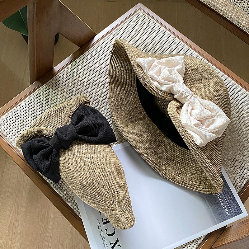 Elegant ribbon bow pearl grass hat women's summer dome seaside outing shading versatile top hat tide