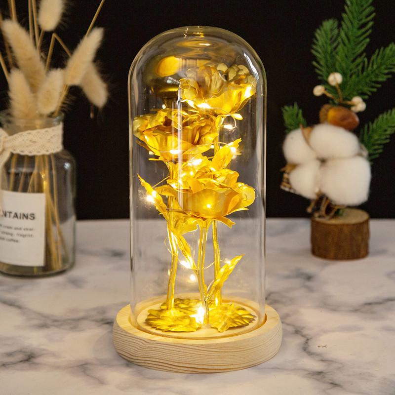 Three Gold Leaf Flower Glass Cover Ornament, Creative Lover's Mother's Day Gift Eternal Rose Ornament