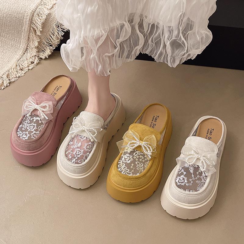 Temperament celebrity half slippers mesh yarn breathable bag head drag summer new wear Mary Jane shoes platform heightening sandals