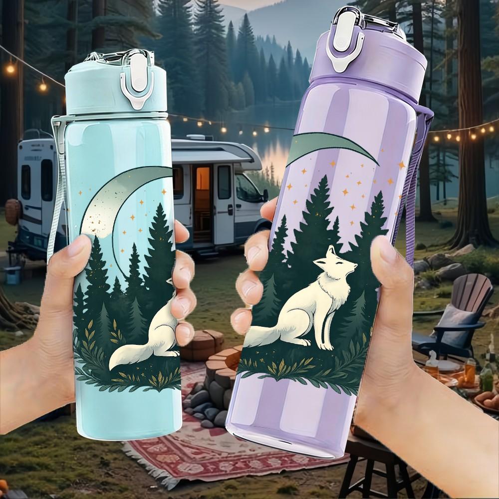 1PC Moon Forest Wolf Silhouette 750ml Color Plastic Sports Water Bottle Leakproof Flip Straw Lid Suitable for Sports Office Home Use