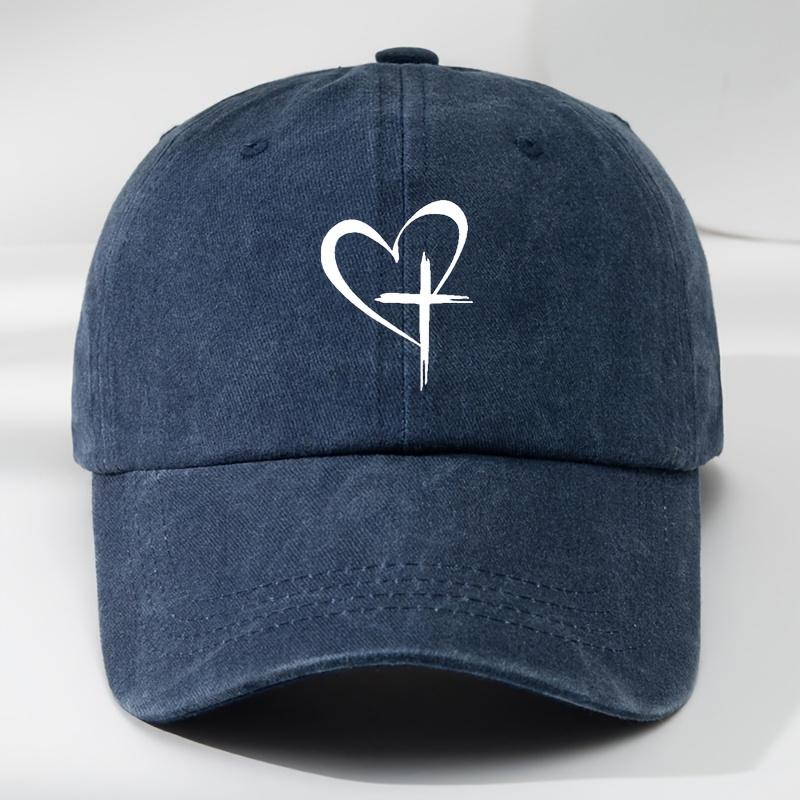 Retro washed baseball cap men's comfortable fit black and white heart-shaped cross print bohemian style casual sun hat