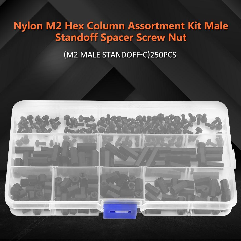 250 STÜCKE Nylon M2 Sechskant Säulen Sortimentskit Männlicher Abstandshalter Distanzstück Schraube Mutter (M2 männlicher Abstandshalter C)