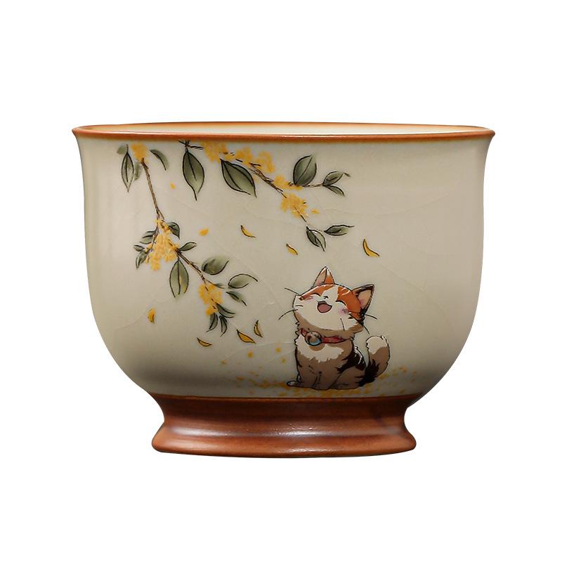Beige Ru Ware Kitten Teacup: Kung Fu Ceramic Tasting Cup for Personal Tea Use