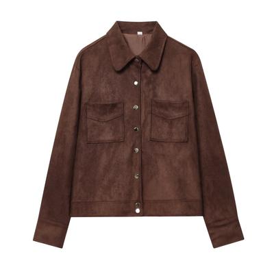 Womens Faux Suede Solid Color Lapel Jacket Loose Casual Long Sleeve Outerwear