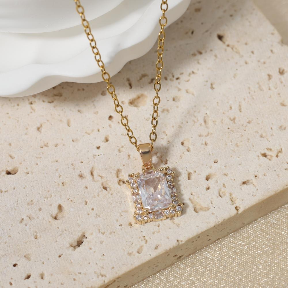 Simple Square Zirconia Pendant Necklaces for Women Stainless Steel Jewelry Party Accessories