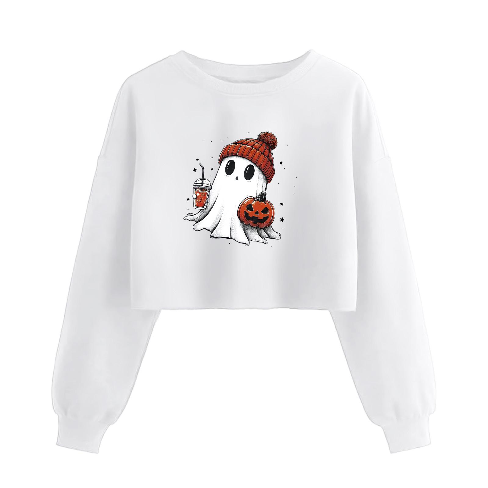 

Женский модный пуловер с длинным рукавом и принтом на Хэллоуин, открывающий живот S белый