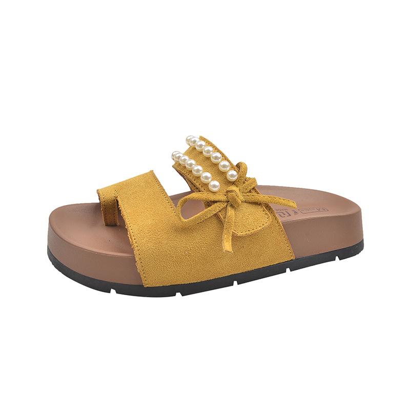 One-and-a-half slippers women's summer wear new pearl one-pedal shoes flat sandals lazy sandals