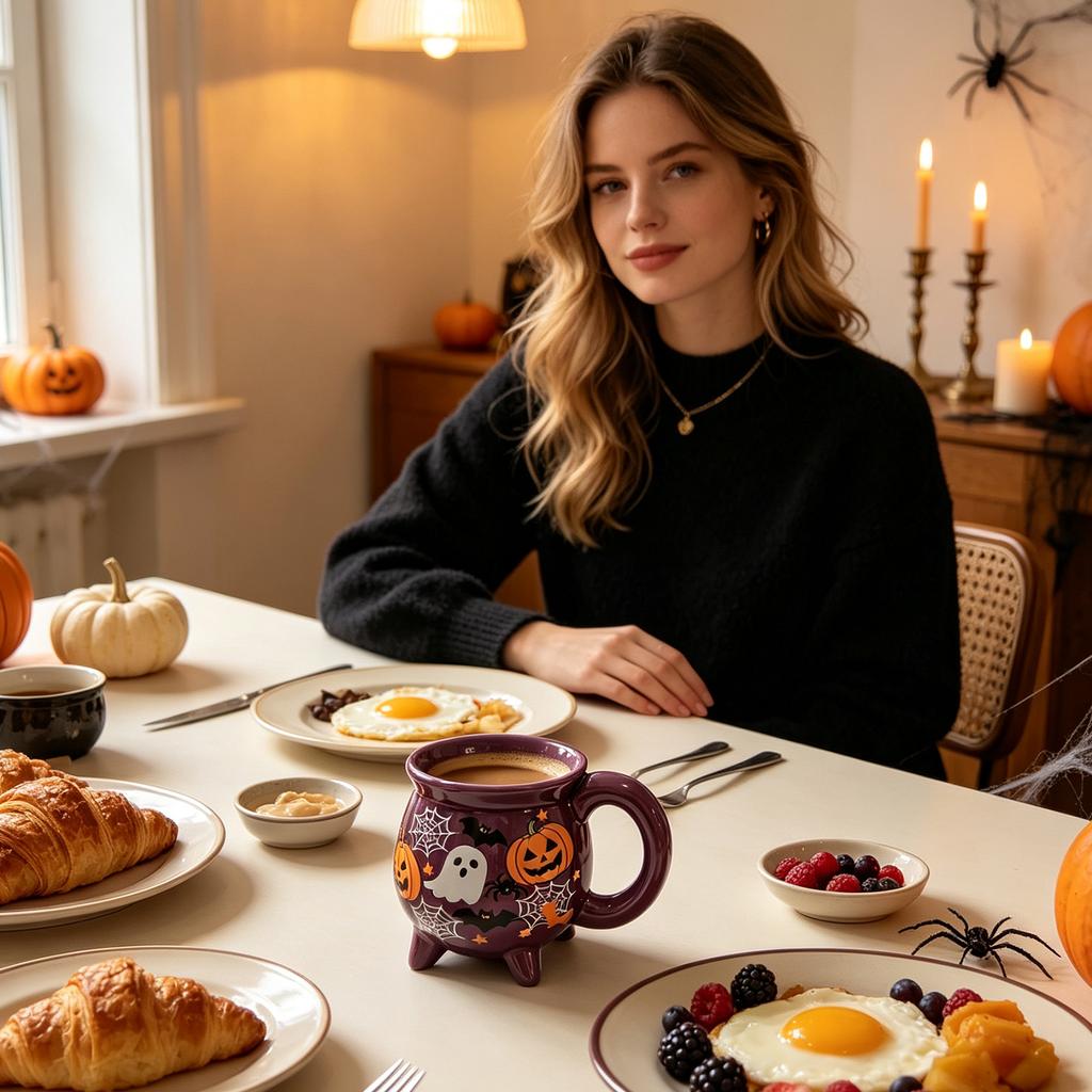 Taza de Cerámica de Halloween - Forma de Caldero Morado con Calabaza y Diseño, Vajilla para Fiestas Festivas, 12 oz