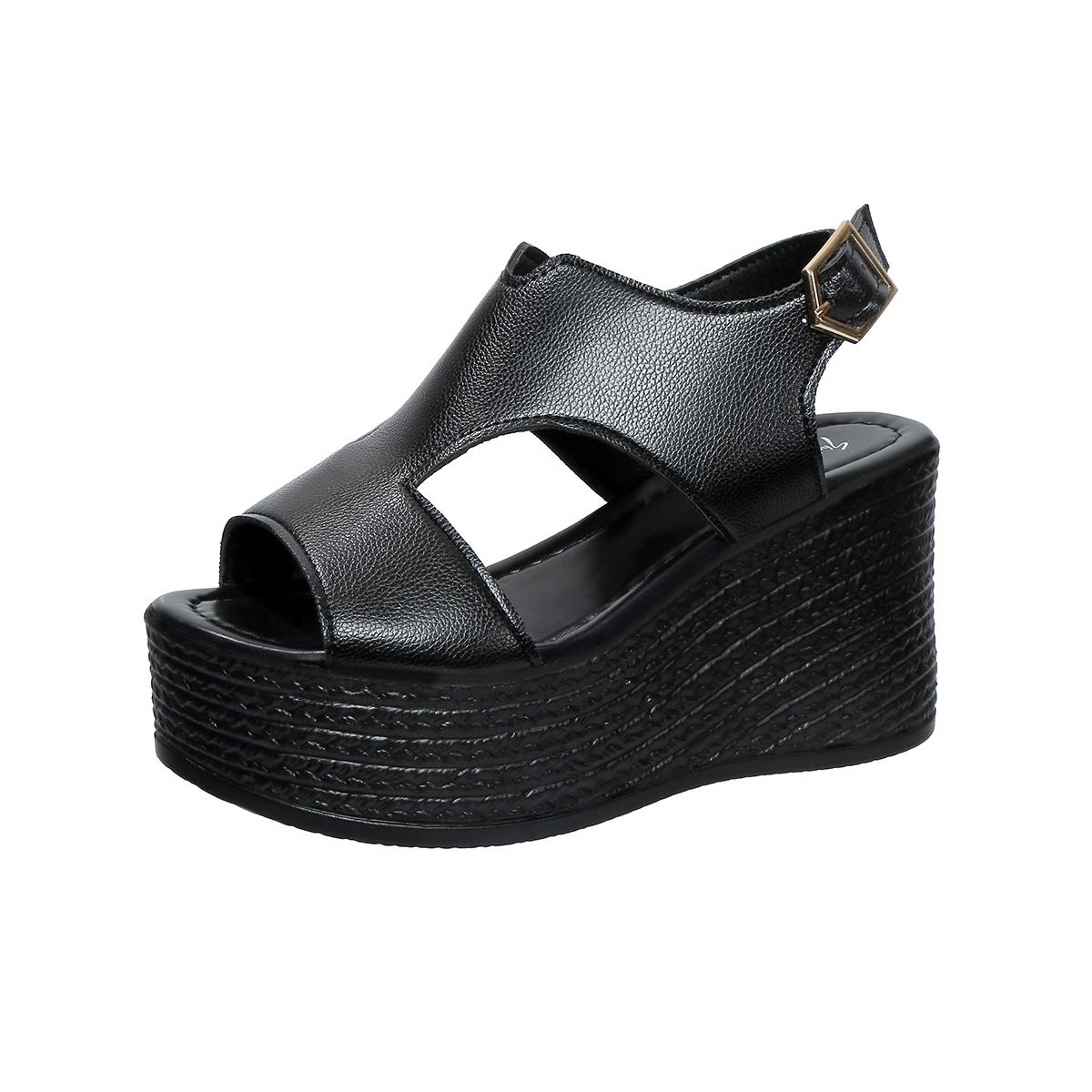 

Модные женские босоножки на танкетке с открытым носком, летние босоножки на платформе с ремешком на пятке и пряжкой, женская обувь 2025, новая мода, толстая подошва, римские сандалии для женщин 35 чёрный