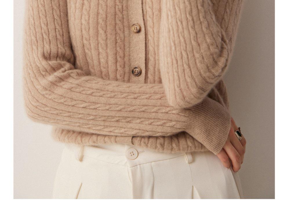 Women's Cashmere Cable Knit Cardigan, Long Sleeve, Single-Breasted Sweater Coat for Autumn/Winter