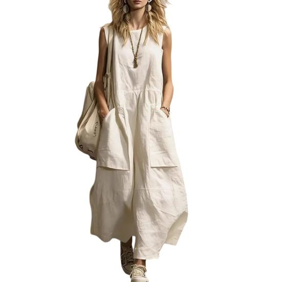 Abito da Donna Caldo a Vestibilità Larga Senza Maniche in Cotone e Lino Monocolore Stile Retro Estivo Tessuto Morbido e Confortevole per Feste in Spiaggia Abbigliamento da Ufficio