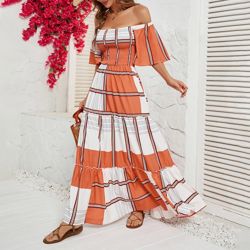 Women's Casual Fashion Solid Colour One Neck Short Sleeve Waist Slim Long Big Swing Dress