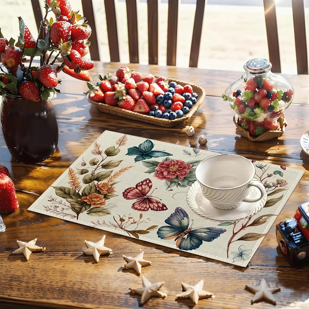 1PC Butterfly Floral Vintage Placemats Linen Table Placemats Summer Seasonal Farmhouse Kitchen Party Deco
