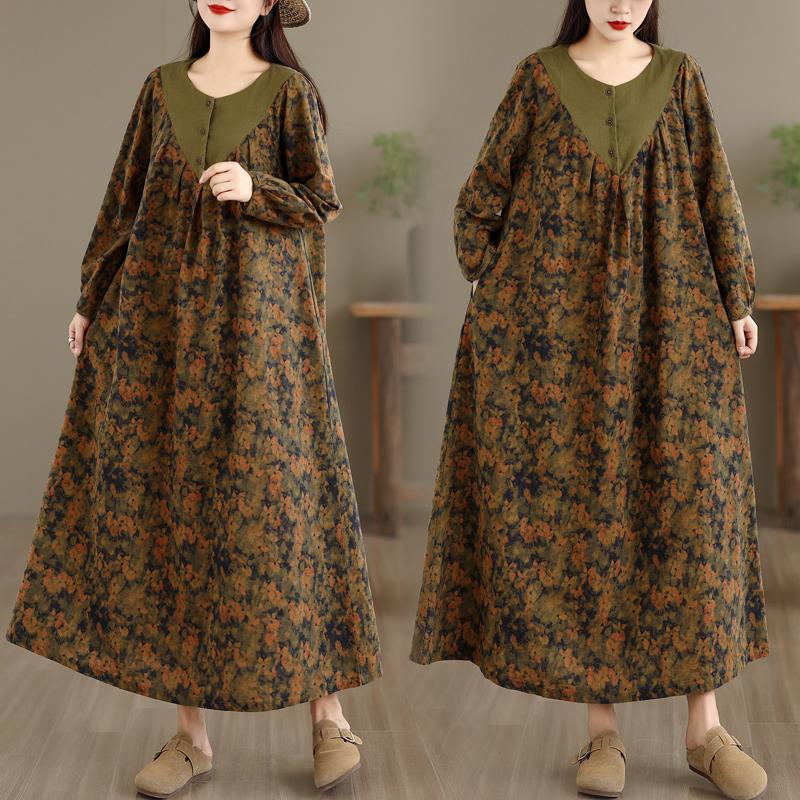 

DIMANAF Женское платье больших размеров осеннее с длинным рукавом цветочное свободное оверсайз макси винтажное хлопково-льняное платье повседневное one size