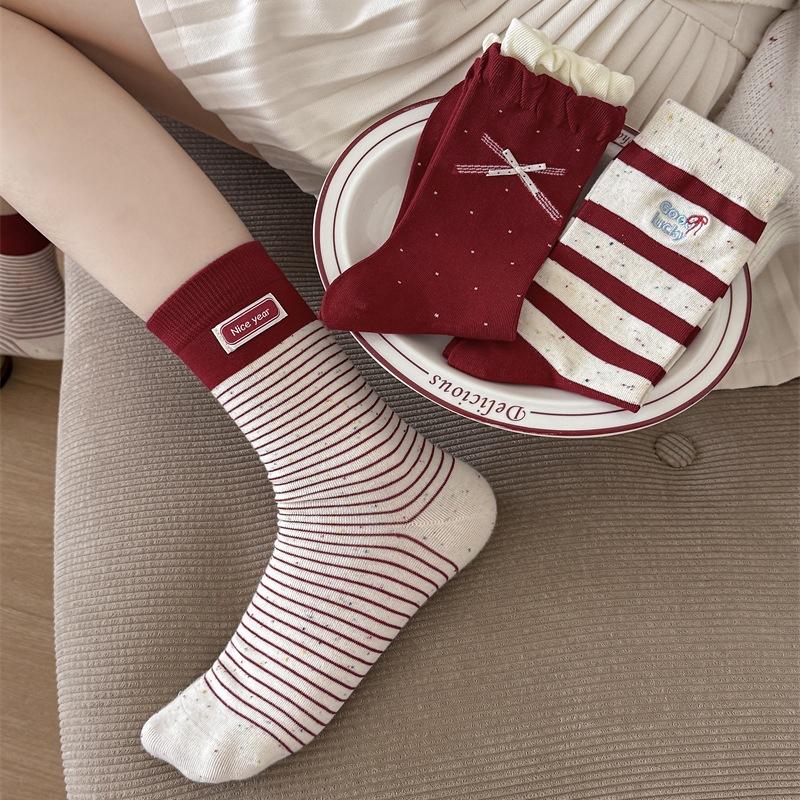 Female Autumn and Winter Striped Cloth Label Bowknot Polka Dot New Year Benming Year Red Tube Pile Socks