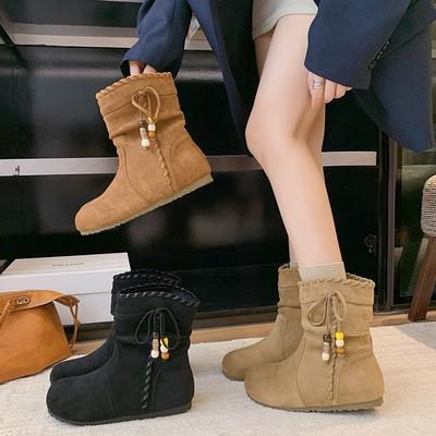 Retro korta stövlar dam höst nya bekväma västerländska pile-stövlar moderiktiga platta Martin boots