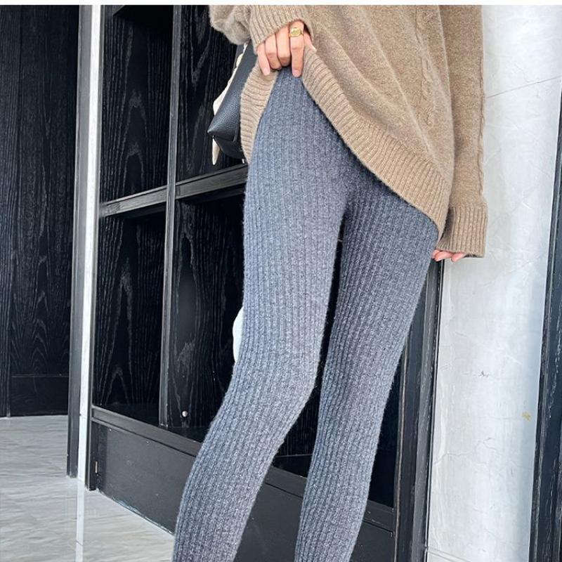 Schlanke Leggings Herbst Frauen Hohe Taille Casual Hosen Gestrickte Rippen Verdicken Solide Elastizität Thermo Knöchellangen Leggins