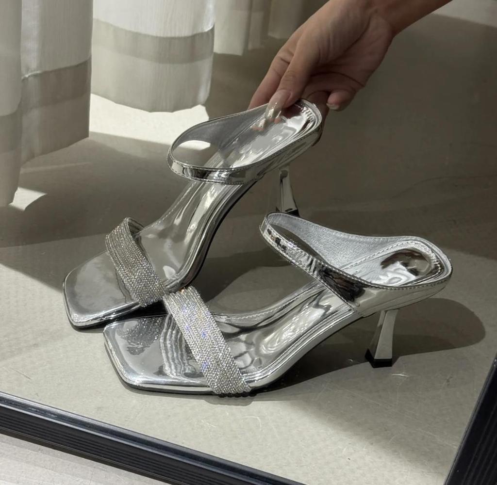 French rhinestone square toe cool slippers women's outer wear 2025 summer new versatile stiletto high heel one-word sandals