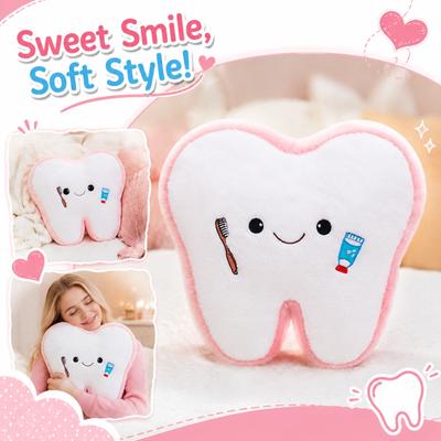 Plush Tooth Pillow Soft Stuffed Toy Tooth-Shaped Cushion with Embroidered Toothbrush and Toothpaste Design for Kids and Adults