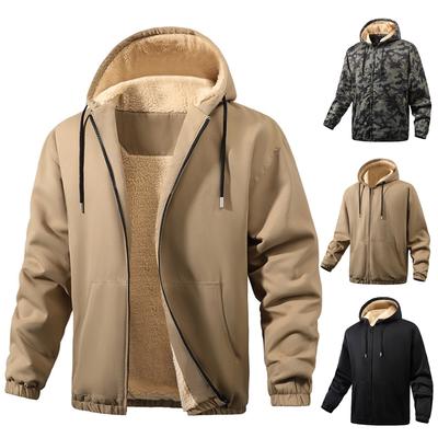Manteau chaud épais en peau d'agneau de couleur unie décontracté pour homme, cardigan pour homme avec capuche, manteau zippé pour sports de plein air