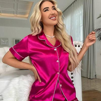 Damen Satin Mehrfarbig Frühling/Sommer Kurzarm Pyjama Loungewear