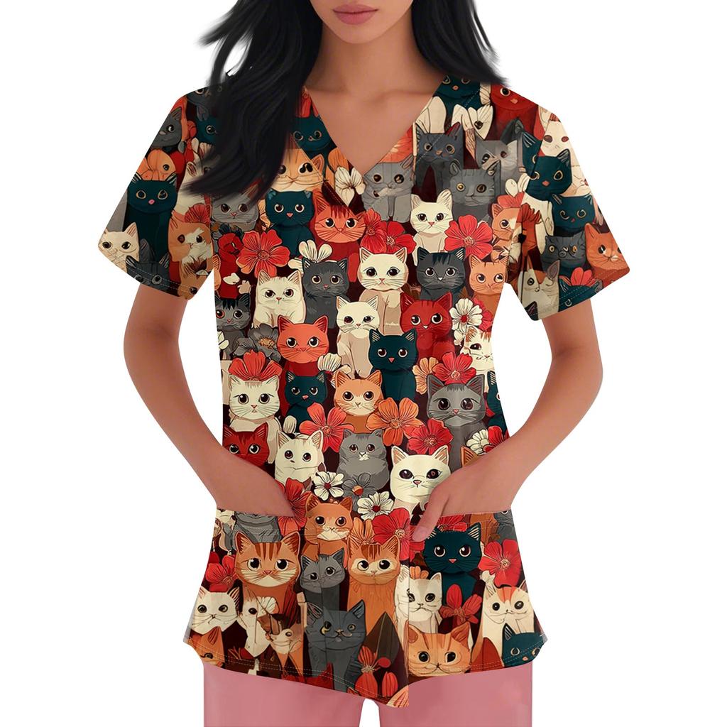 Damen V-Ausschnitt Cartoon-Print Kurzarm Tasche Seitenschlitz Schutzkleidung Oberteil