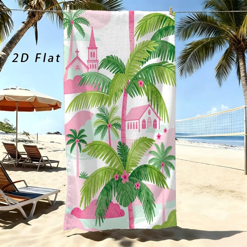 Watercolor Palm Tree Pink Town Scenery Beach Towel Lightweight Quick Dry Microfiber Towel For Beach Pool Bath Travel Daily Use