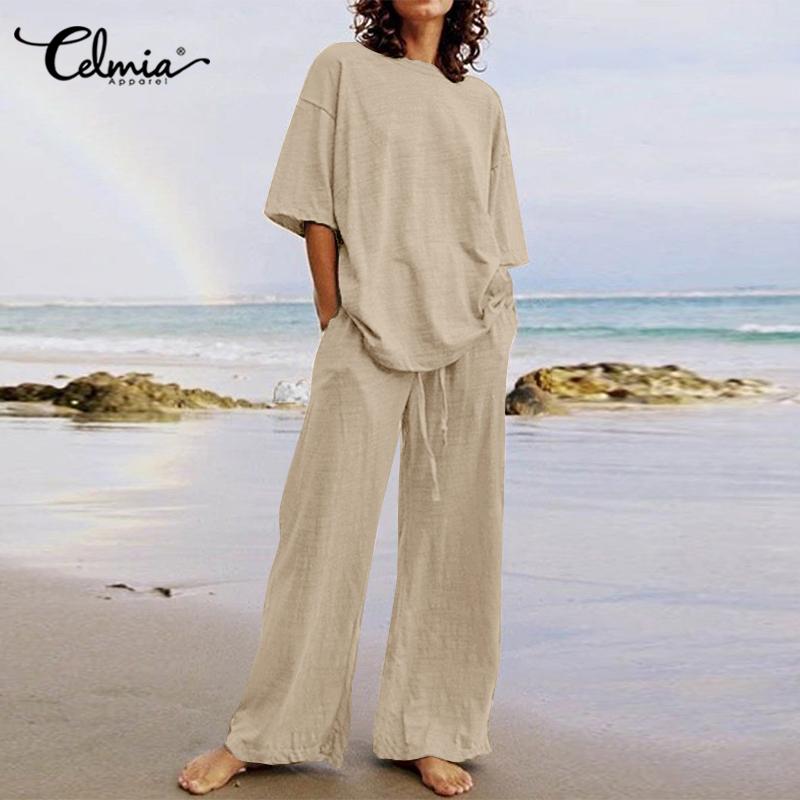 

Celmia, летние тонкие комплекты из двух предметов, женская модная блузка с короткими рукавами, топы, широкие длинные брюки, повседневная свободная одежда размера плюс