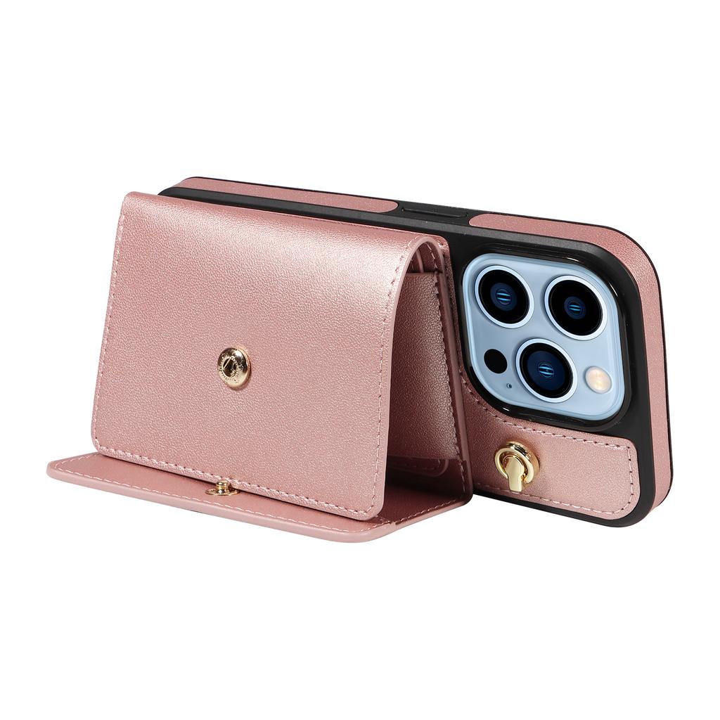 For iPhone 13 Pro Crossbody Phone Case Card Holder Kickstand Leather Coated TPU Mobile Cover