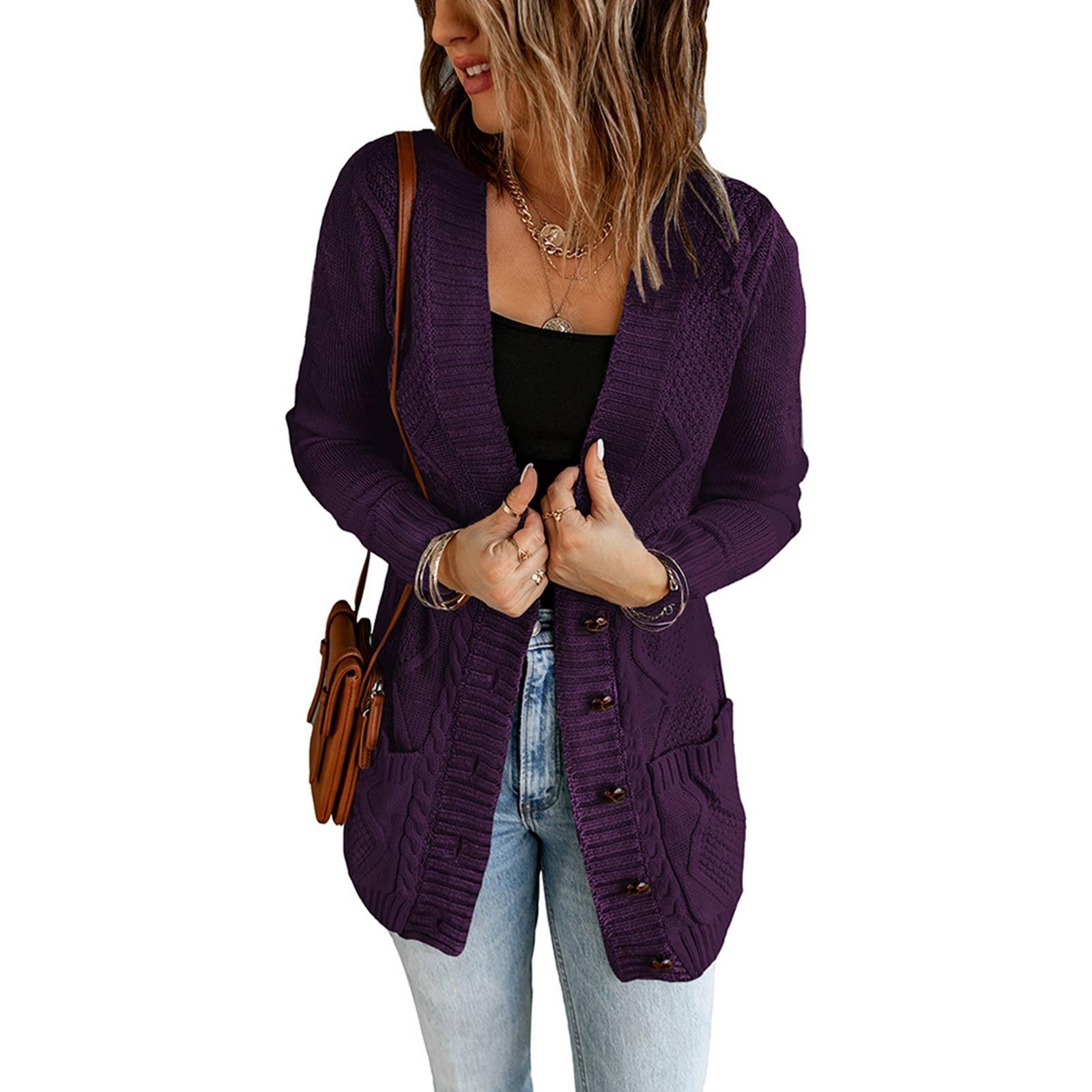 

Женские свитера-кардиганы на пуговицах, длинный свитер с открытой передней частью, пальто с карманами, большие размеры XL фиолетовый