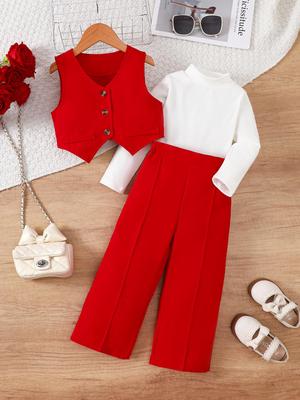 Mädchen-Anzug-Set im britischen Stil mit V-Ausschnitt: Enthält solide Basisschicht & Hose