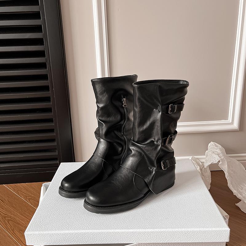 Wasteland Wind Belt Buckle Black Pile Boots Autumn and Winter Women's Pleated Vintage Western Cowboy Boots Medium Boots
