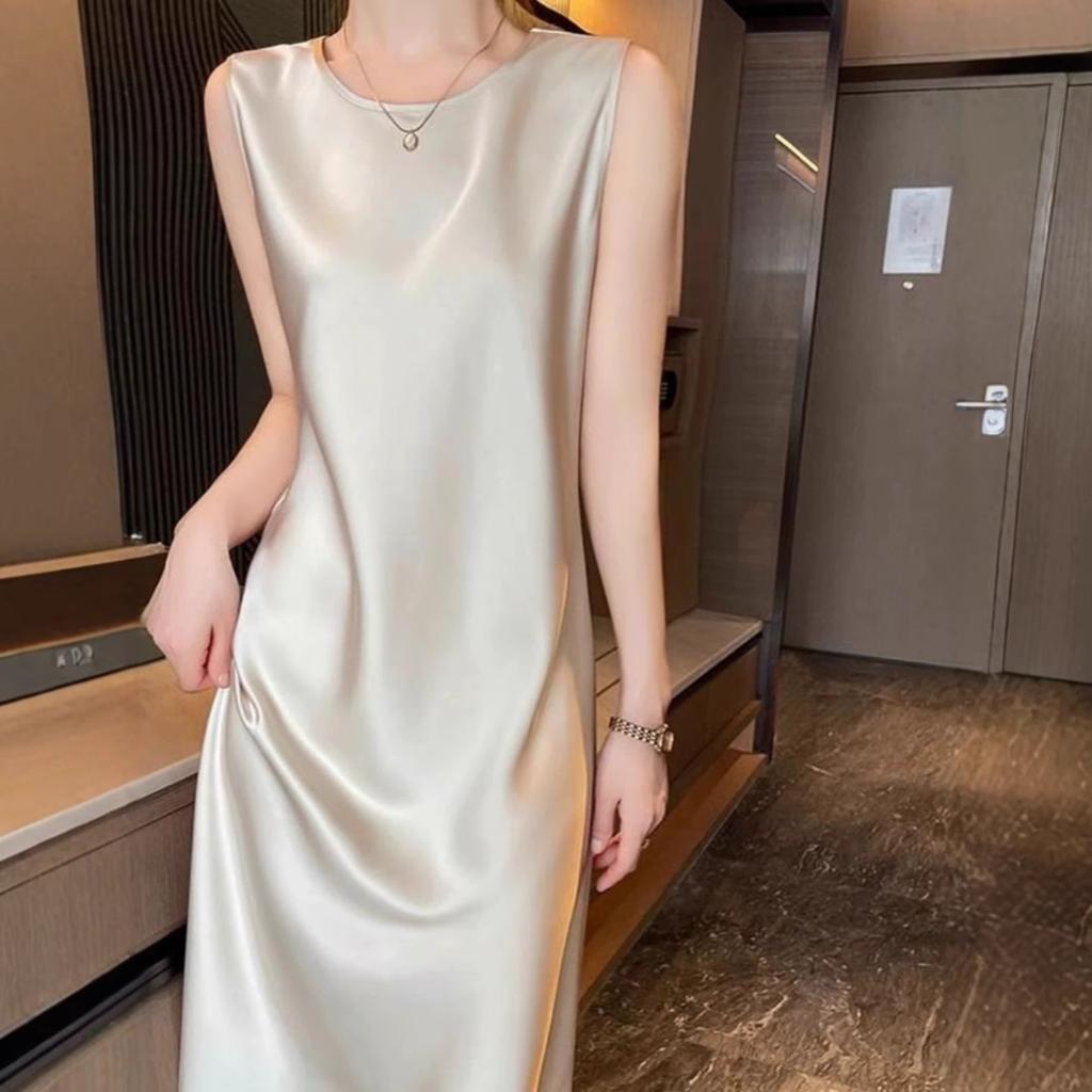 High-end Round Neck Silk Suspender Dress Women's Spring and Summer Acetic Acid Satin Medium and Long Dress with Silk Sleeveless Temperament