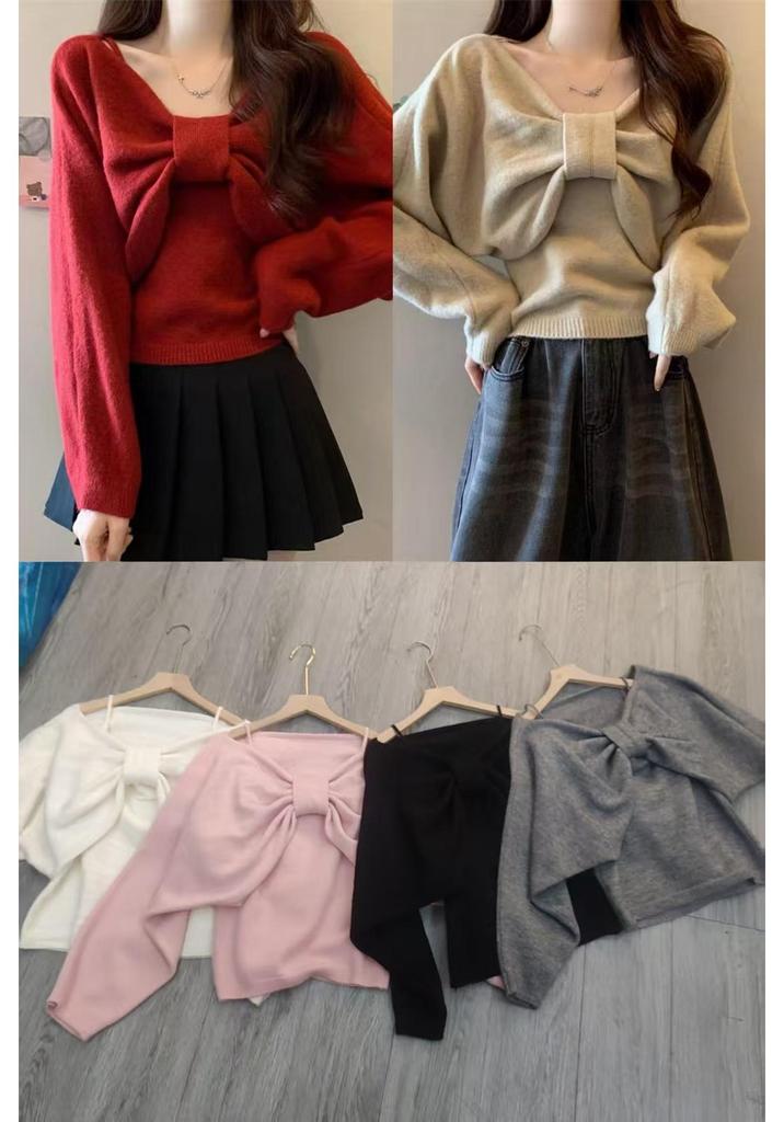 2025 Autumn Women's Two-Piece Sweater Set: Camisole Vest & Bow Long Sleeve Knit Top