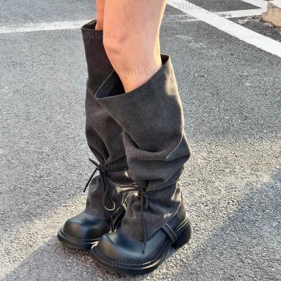 Fashion Design Women  Autumn New Vintage Lace Up Pleated Long Boots Chunky Heel Plus Size 35-42 Knee-High Bottes Femmes
