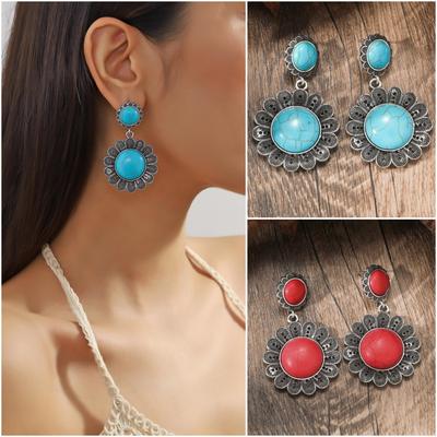 BLINGBAY Women's Pendant Earrings Bohemian Vintage Turquoise Ethnic Earrings Female Personality Sunflower Earrings Girls Party Birthday Jewelry Gift