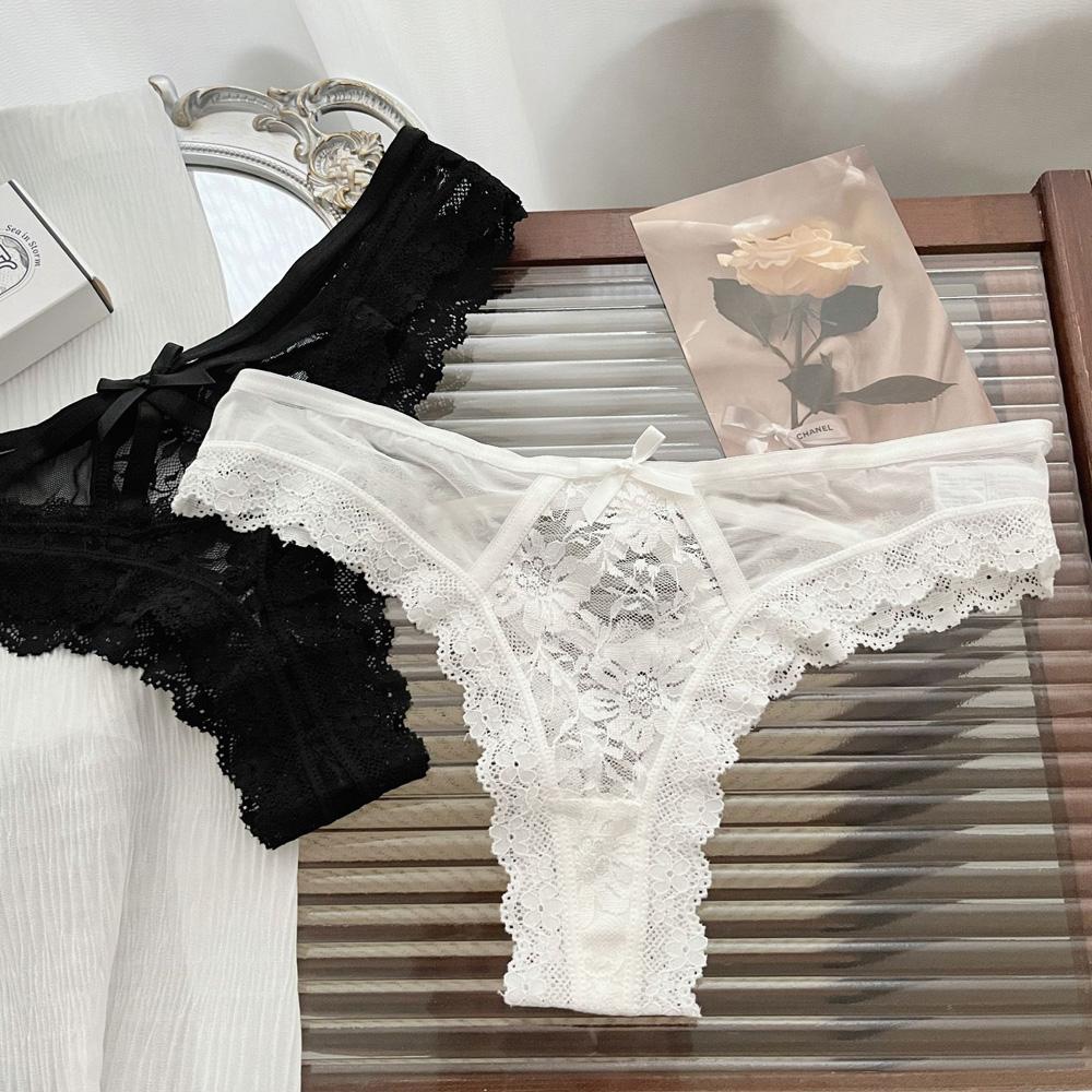 Lace Bow Sexy Thong Transparent Women's Lingerie Low Waist Flower Embroidery Mesh Perspective Hollowed Panties Briefs