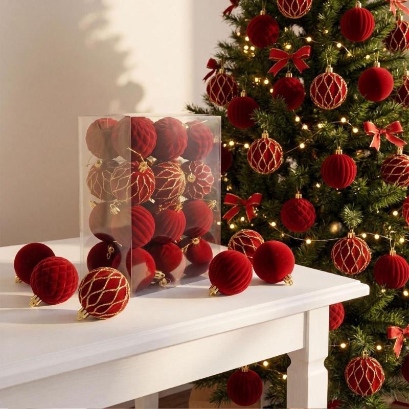 24Pcs Sparkling Velvety Christmas Ball Decorations Shatterproof Decorative Baubles Ornament for Christmas Tree Mantels