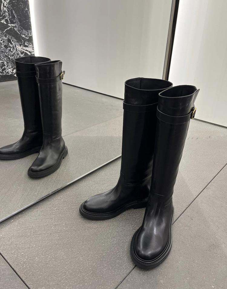 Cowhide version~ 2025 new retro leather metal buckle thick heel boots women's small but knee sleeve women's boots