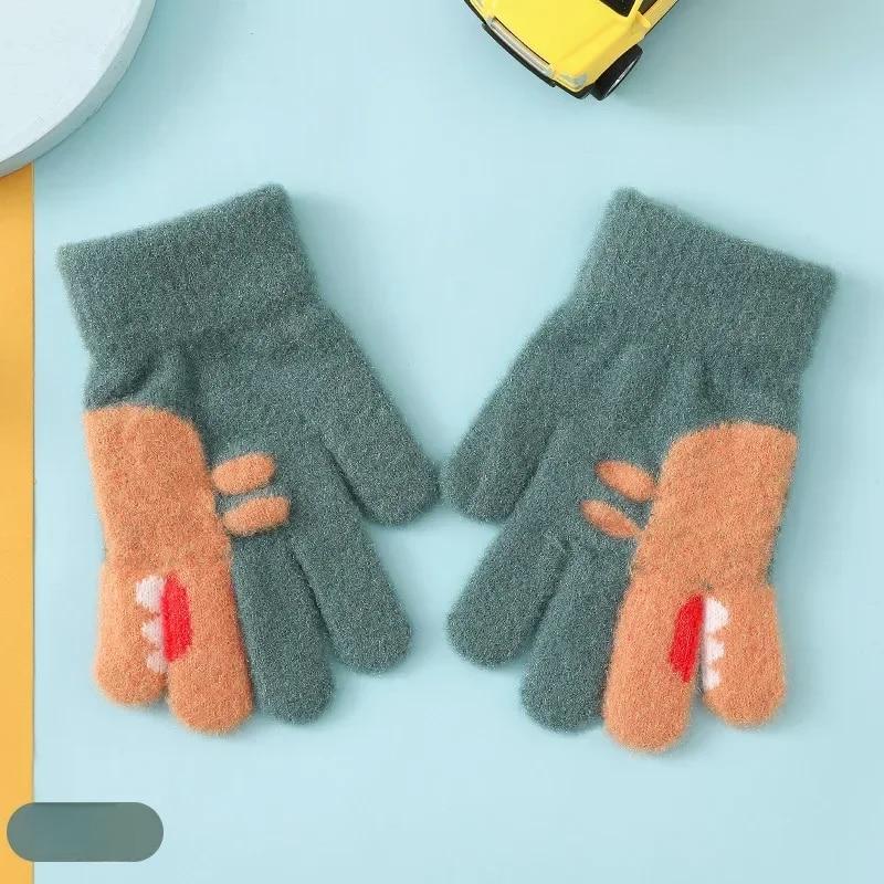 1 Par Luvas Quentes de Inverno Infantis Fofas de Desenho Animado Dinossauro Jardim de Infância Meninos Meninas Cinco Dedos Dino Luvas Tricotadas para 3 a 6 Anos