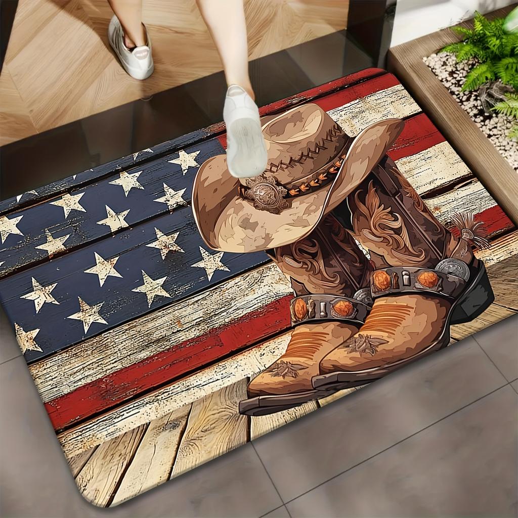 Retro American Flag Cowboy Doormat Ultra-Soft Flannel Rug, Western Boot Hat Design Non-Slip Machine Washable Door Mat