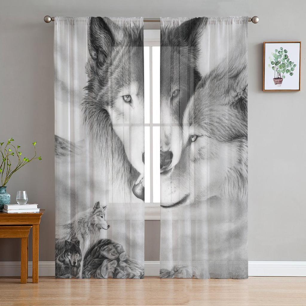 Wolf Forest Animal Tylové závěsy do obývacího pokoje Voile Průsvitný okenní závěs do ložnice Šifonové závěsy do kuchyně