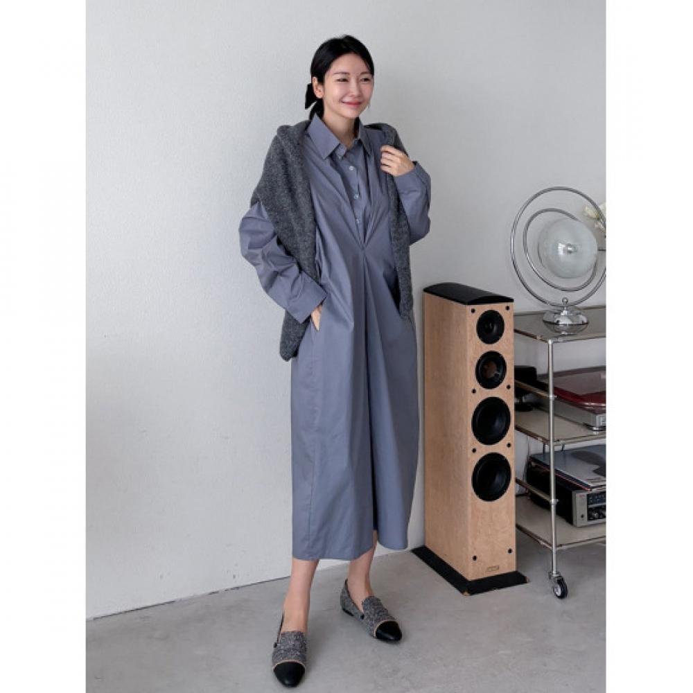 Shop   Women Daily Collar Shirt Front Dart Pleated Long Dress Steel Blue Ara Wdr